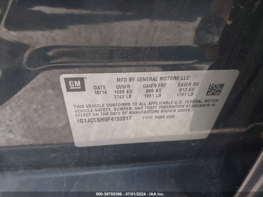 2015 Chevrolet Sonic Lt Auto VIN: 1G1JC5SH0F4132617 Lot: 39758396