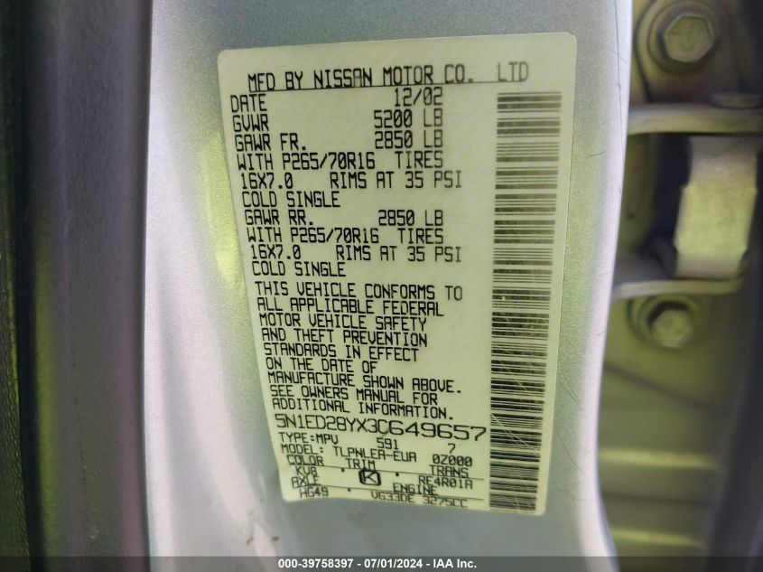 2003 Nissan Xterra Xe VIN: 5N1ED28YX3C649657 Lot: 39758397