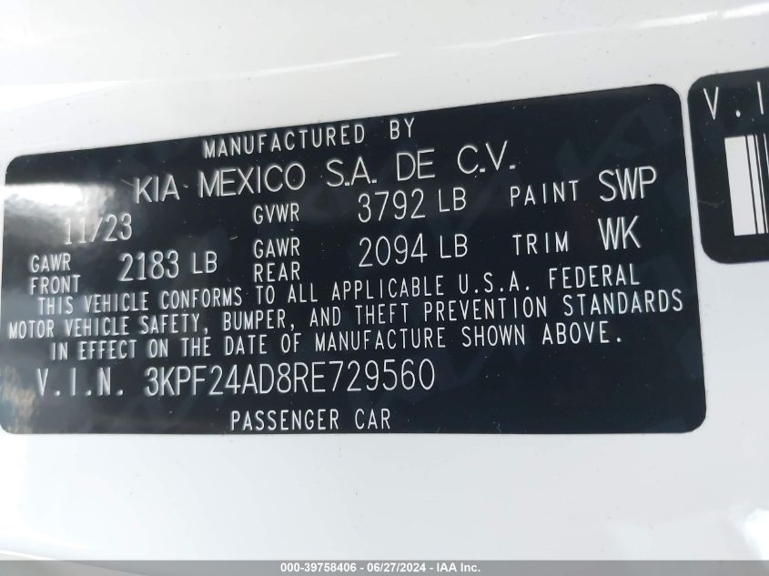 2024 Kia Forte Lxs VIN: 3KPF24AD8RE729560 Lot: 39758406