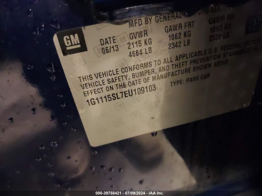 2014 Chevrolet Impala 1Lt VIN: 1G1115SL7EU109103 Lot: 39758421