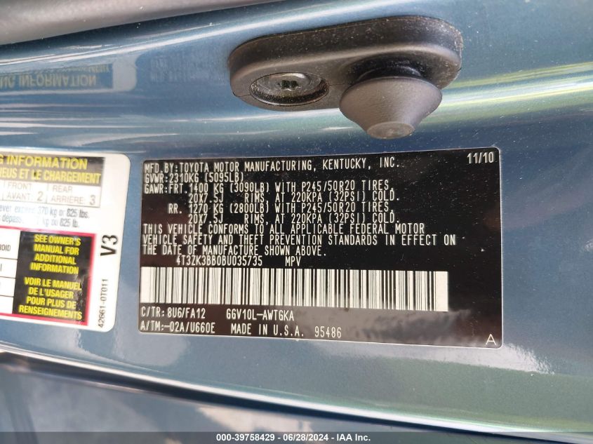 2011 Toyota Venza Base V6 VIN: 4T3ZK3BB0BU035735 Lot: 39758429