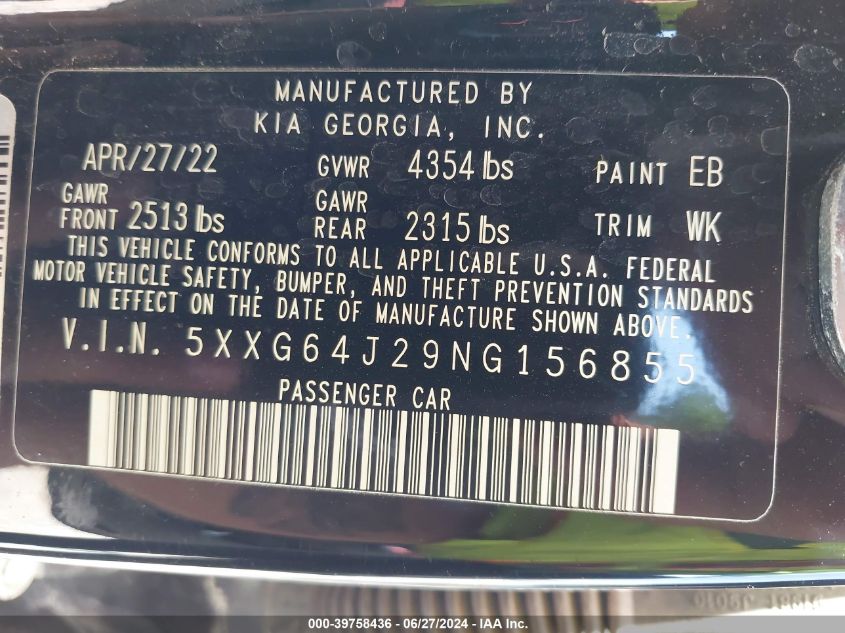 2022 Kia K5 Gt-Line VIN: 5XXG64J29NG156855 Lot: 39758436
