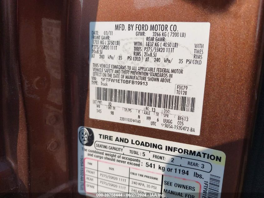 2011 Ford F150 Supercrew VIN: 1FTFW1ET0BFB19913 Lot: 39758444