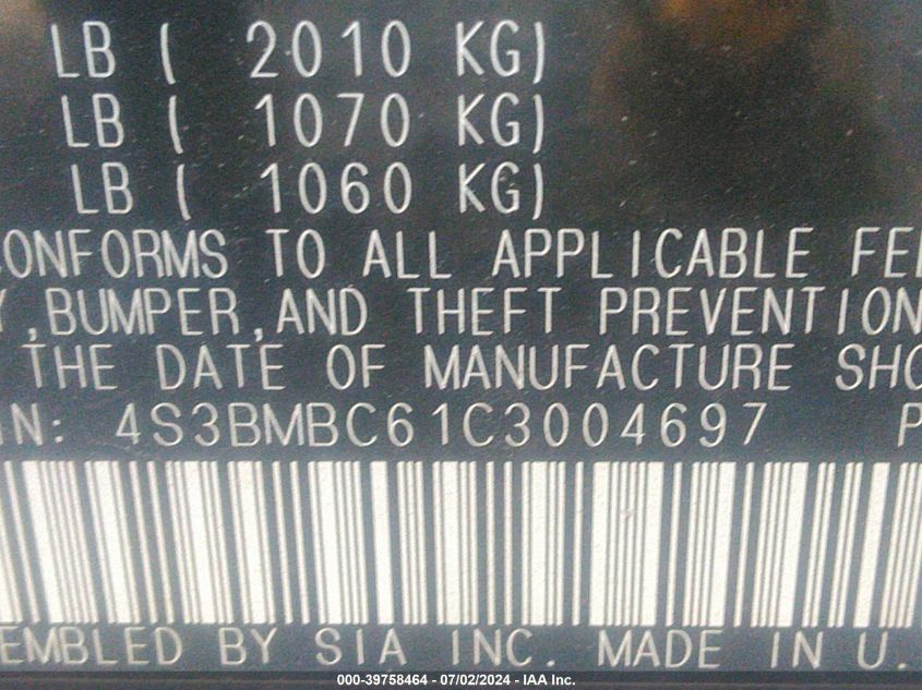 2012 Subaru Legacy 2.5I Premium VIN: 4S3BMBC61C3004697 Lot: 39758464