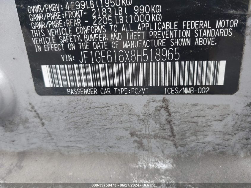 2008 Subaru Impreza 2.5I VIN: JF1GE616X8H518965 Lot: 39758473