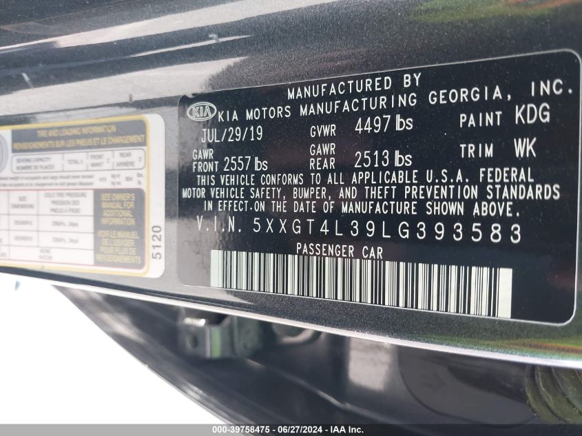 2020 Kia Optima Lx VIN: 5XXGT4L39LG393583 Lot: 39758475