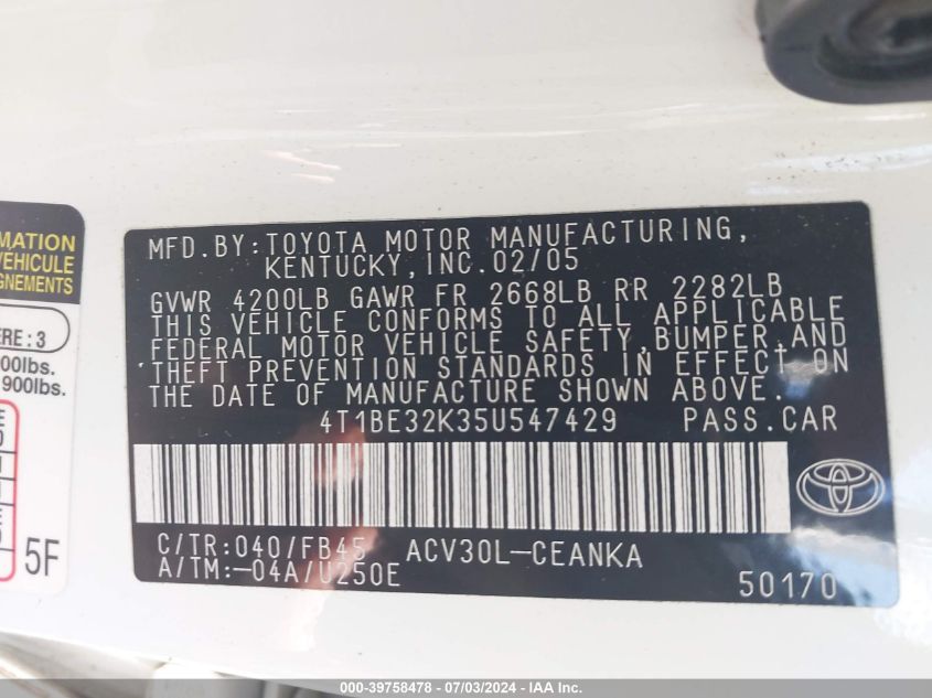2005 Toyota Camry Le/Xle/Se VIN: 4T1BE32K35U547429 Lot: 39758478
