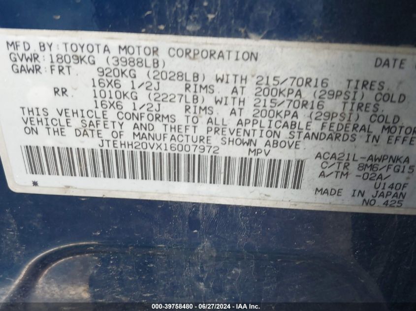 2001 Toyota Rav4 VIN: JTEHH20VX16007972 Lot: 39758480