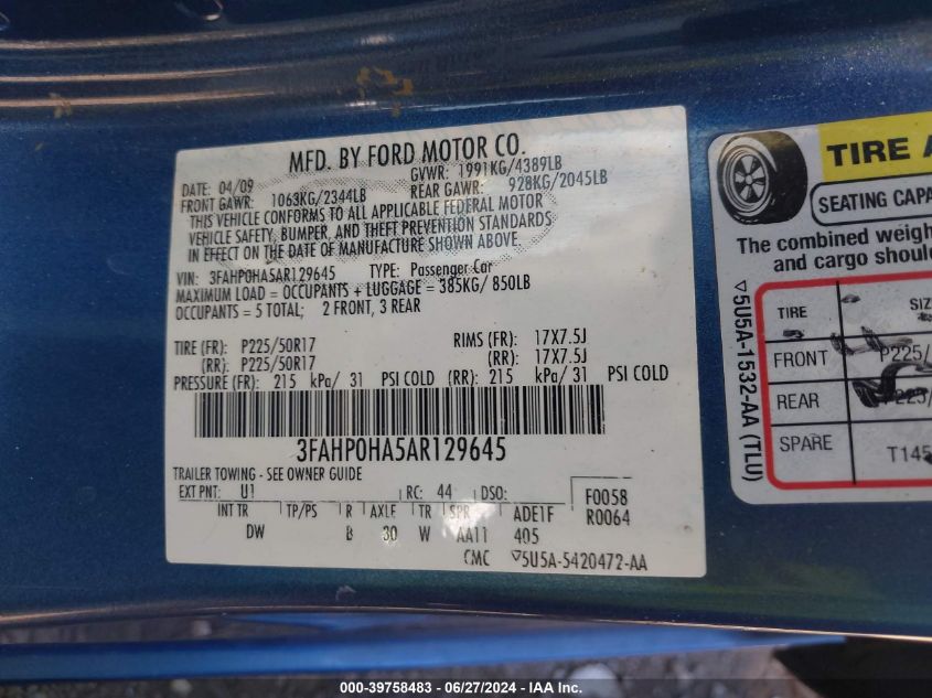 2010 Ford Fusion Se VIN: 3FAHP0HA5AR129645 Lot: 39758483