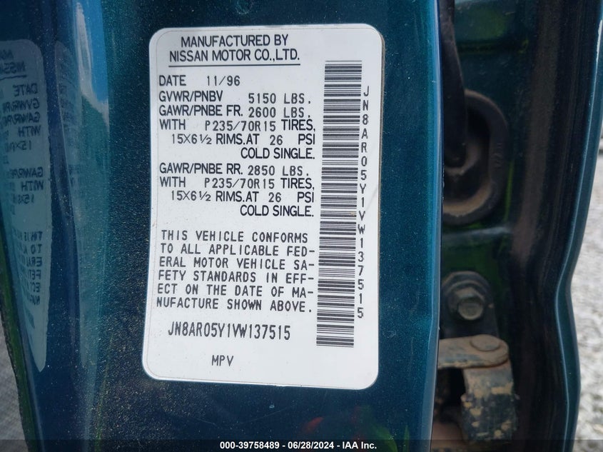 1997 Nissan Pathfinder Le/Se/Xe VIN: JN8AR05Y1VW137515 Lot: 39758489