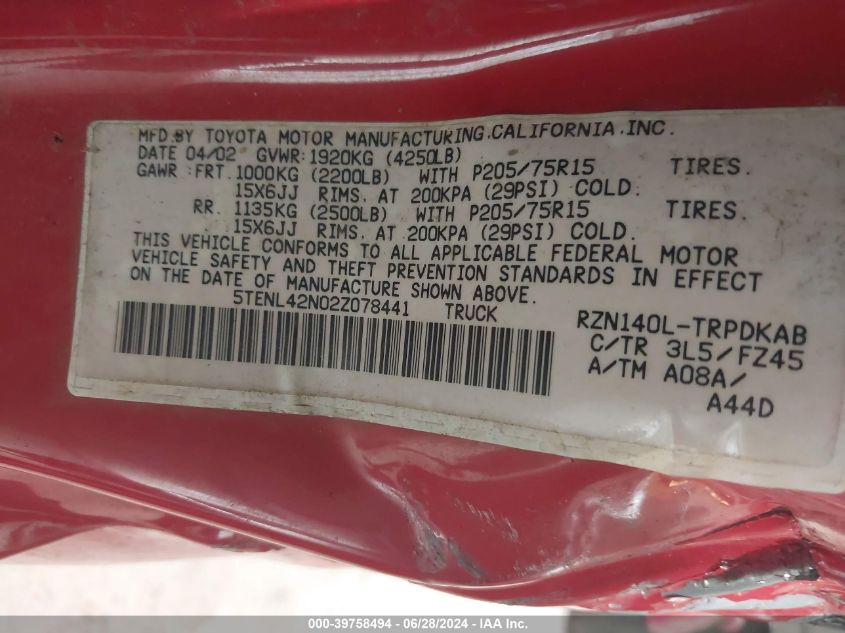 2002 Toyota Tacoma VIN: 5TENL42N02Z078441 Lot: 39758494