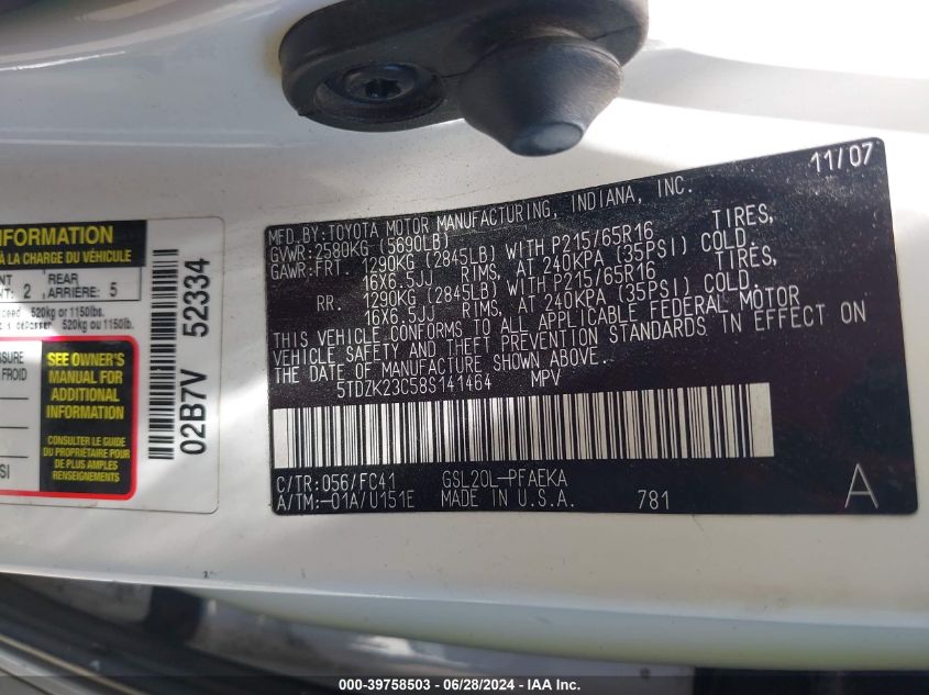 2008 Toyota Sienna Le VIN: 5TDZK23C58S141464 Lot: 39758503