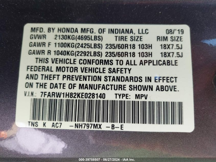 2019 Honda Cr-V Ex-L VIN: 7FARW1H82KE028140 Lot: 39758507