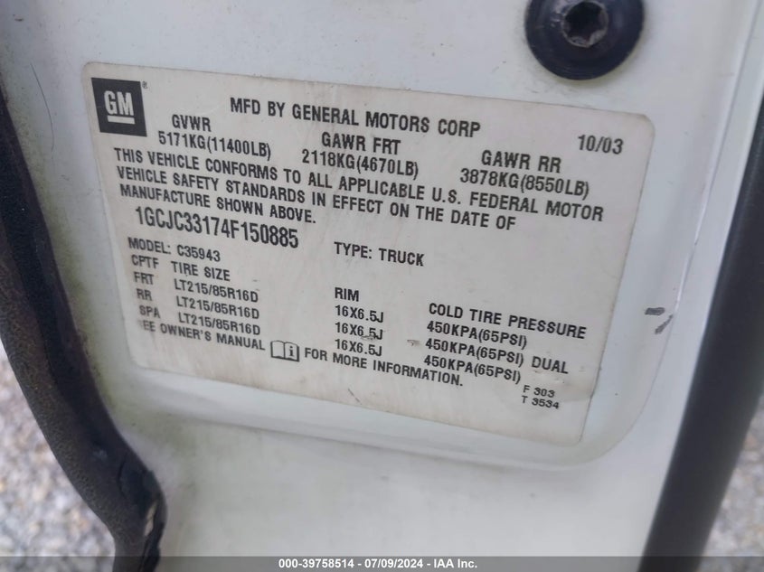 2004 Chevrolet Silverado 3500 Ls VIN: 1GCJC33174F150885 Lot: 39758514