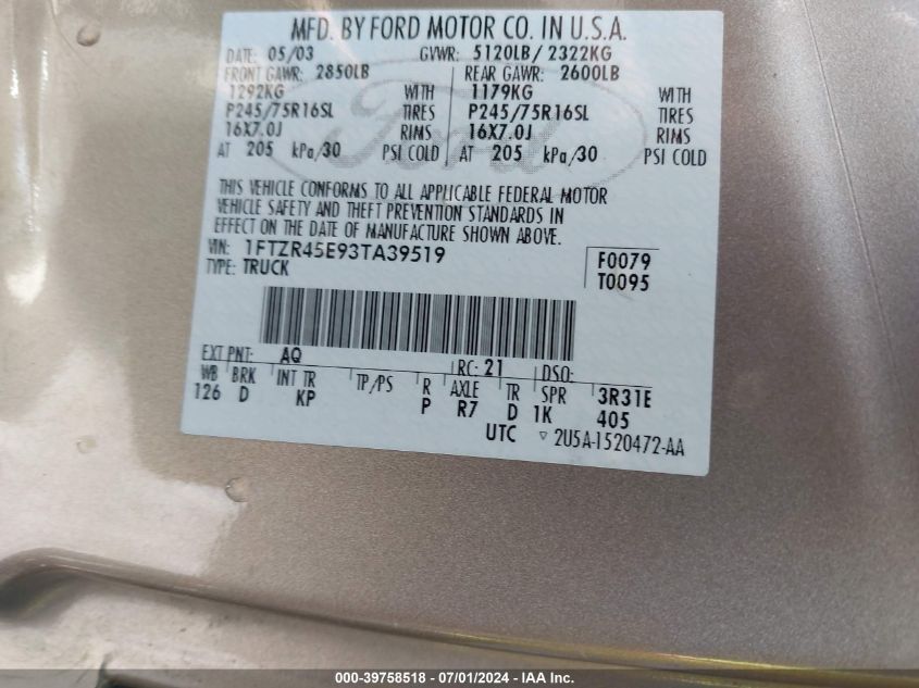 2003 Ford Ranger Edge/Xlt VIN: 1FTZR45E93TA39519 Lot: 39758518