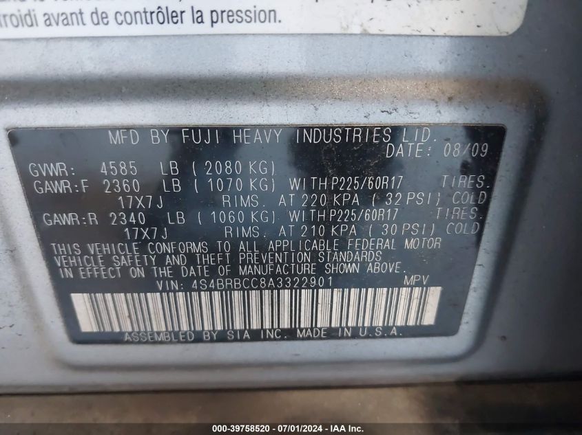 2010 Subaru Outback 2.5I Premium VIN: 4S4BRBCC8A3322901 Lot: 39758520