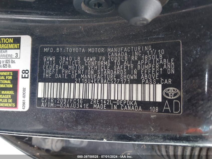 2010 Toyota Corolla Le VIN: 2T1BU4EE8AC527171 Lot: 39758528