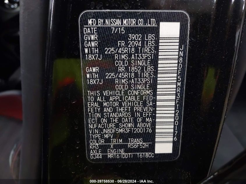 2015 Nissan Juke Nismo Rs VIN: JN8DF5MR3FT200176 Lot: 39758530