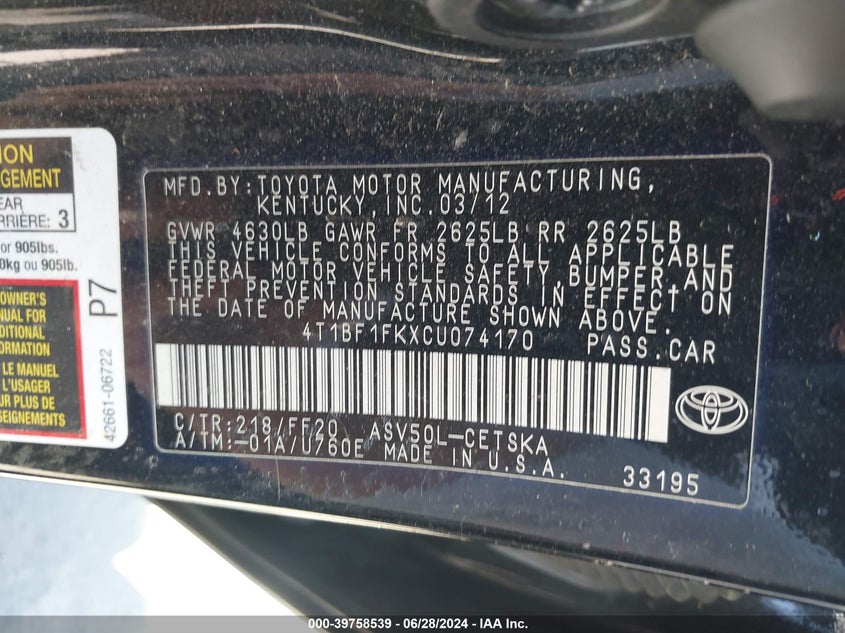2012 Toyota Camry Se/Le/Xle VIN: 4T1BF1FKXCU074170 Lot: 39758539
