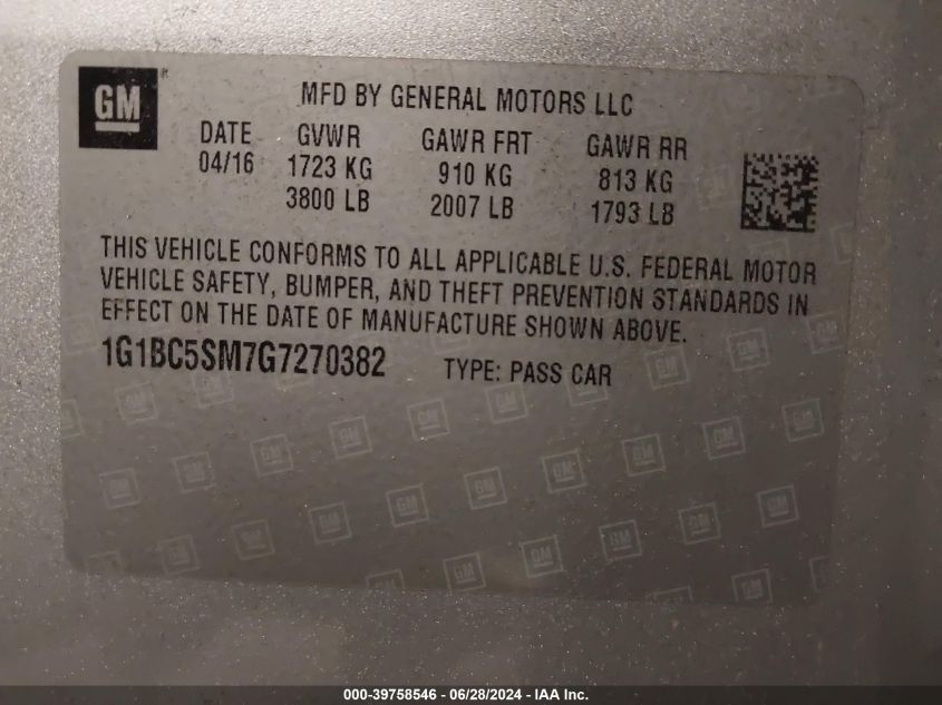 2016 Chevrolet Cruze Ls Auto VIN: 1G1BC5SM7G7270382 Lot: 39758546