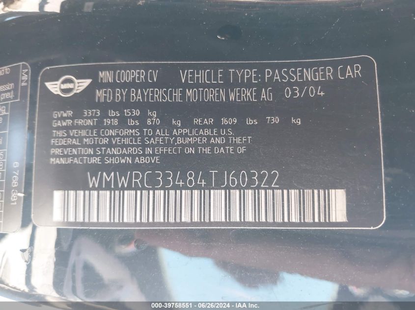 WMWRC33484TJ60322 2004 Mini Cooper