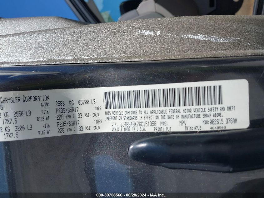 2006 Jeep Grand Cherokee Laredo/Columbia/Freedom VIN: 1J4GS48K76C151358 Lot: 39758566