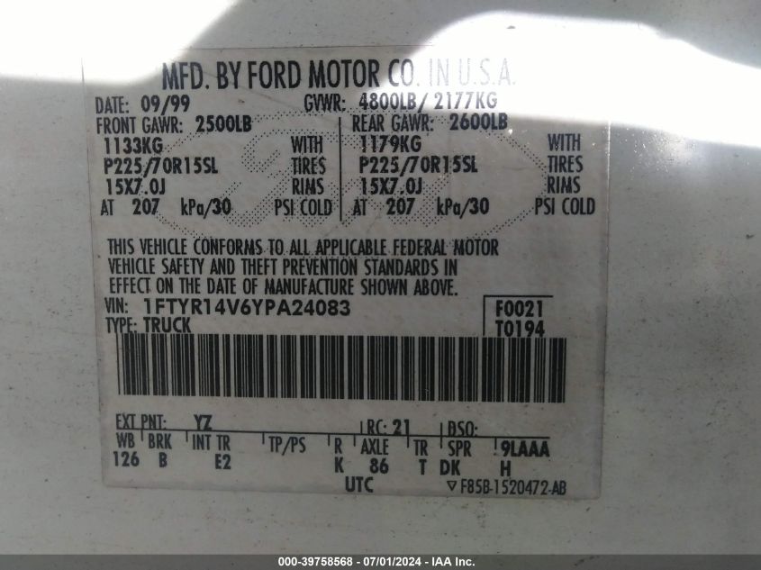 2000 Ford Ranger Xl/Xlt VIN: 1FTYR14V6YPA24083 Lot: 39758568