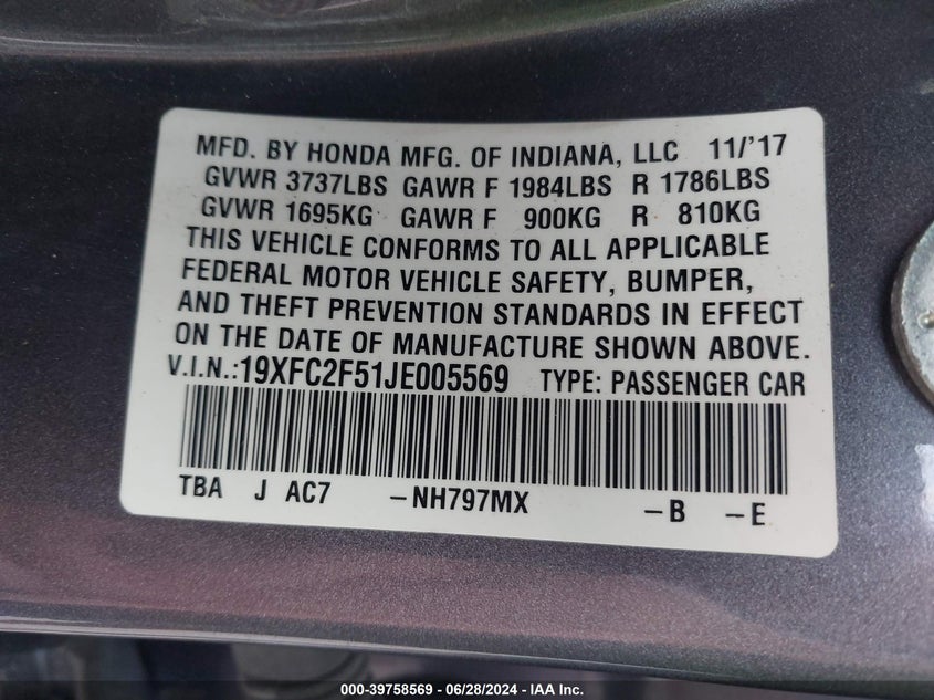 2018 HONDA CIVIC LX - 19XFC2F51JE005569