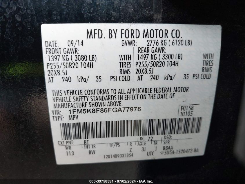 2015 Ford Explorer Limited VIN: 1FM5K8F86FGA77978 Lot: 39758591