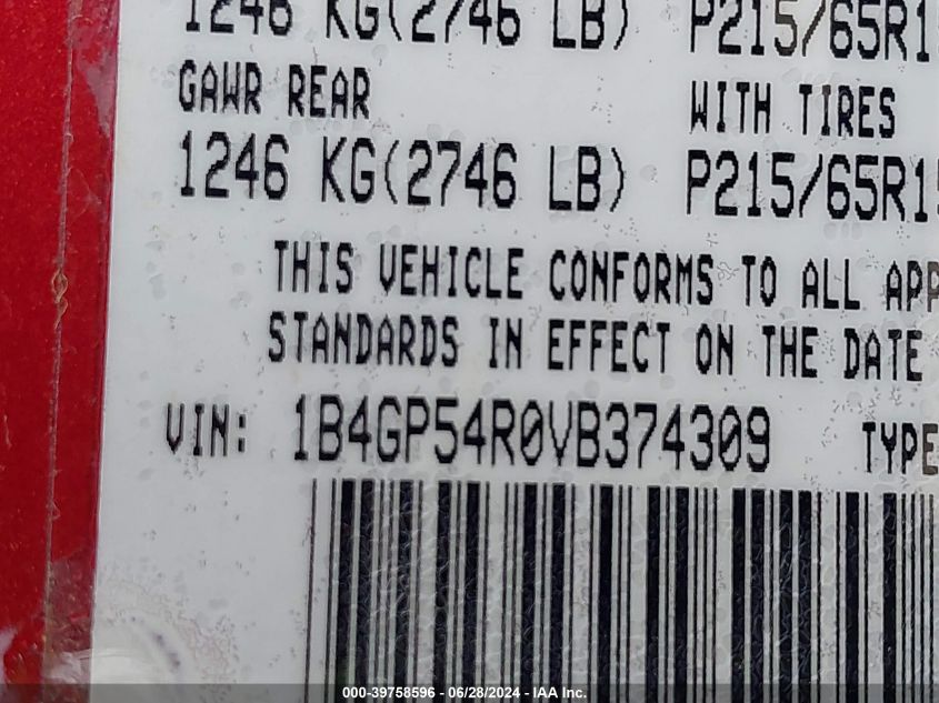1997 Dodge Grand Caravan Es/Le VIN: 1B4GP54R0VB374309 Lot: 39758596