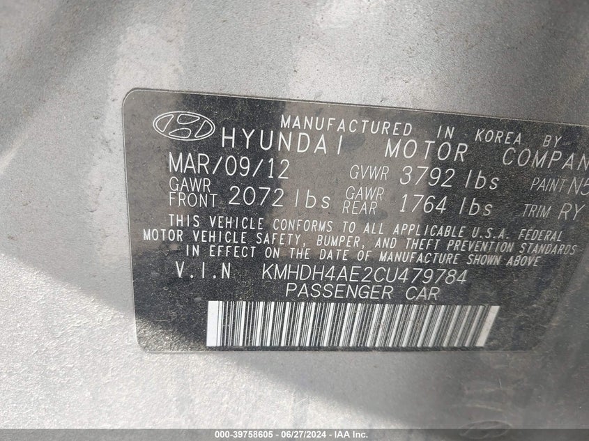 2012 Hyundai Elantra Limited (Ulsan Plant) VIN: KMHDH4AE2CU479784 Lot: 39758605