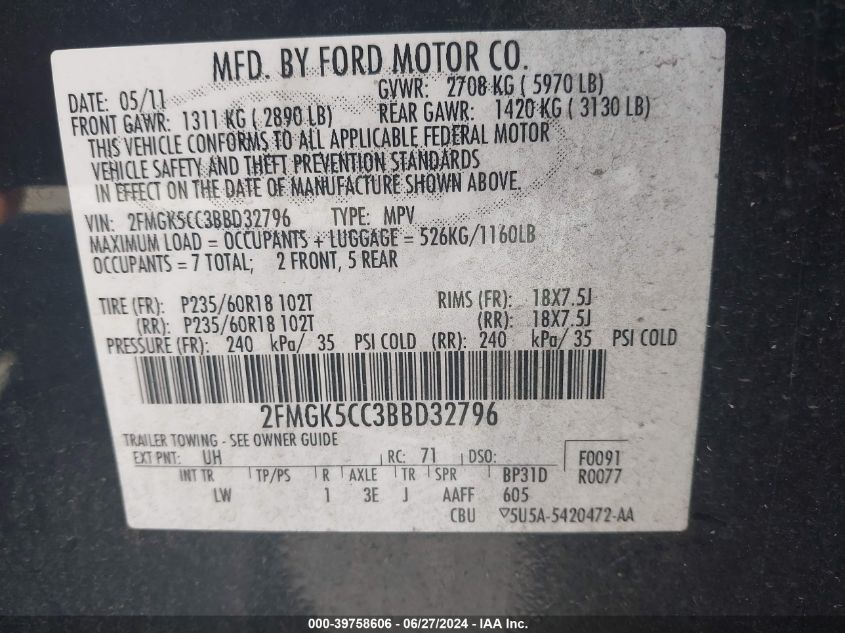 2011 Ford Flex Sel VIN: 2FMGK5CC3BBD32796 Lot: 39758606