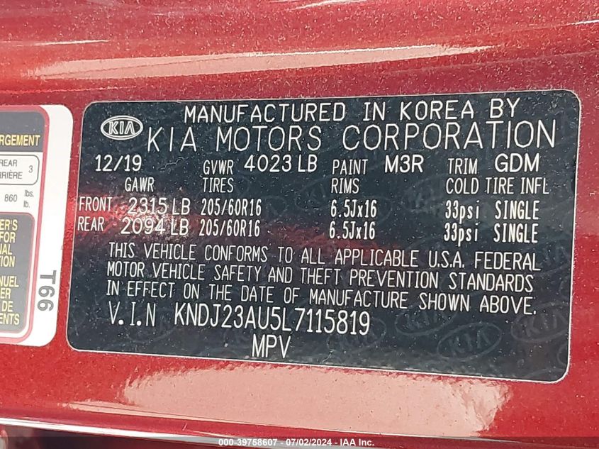 2020 Kia Soul Lx VIN: KNDJ23AU5L7115819 Lot: 39758607