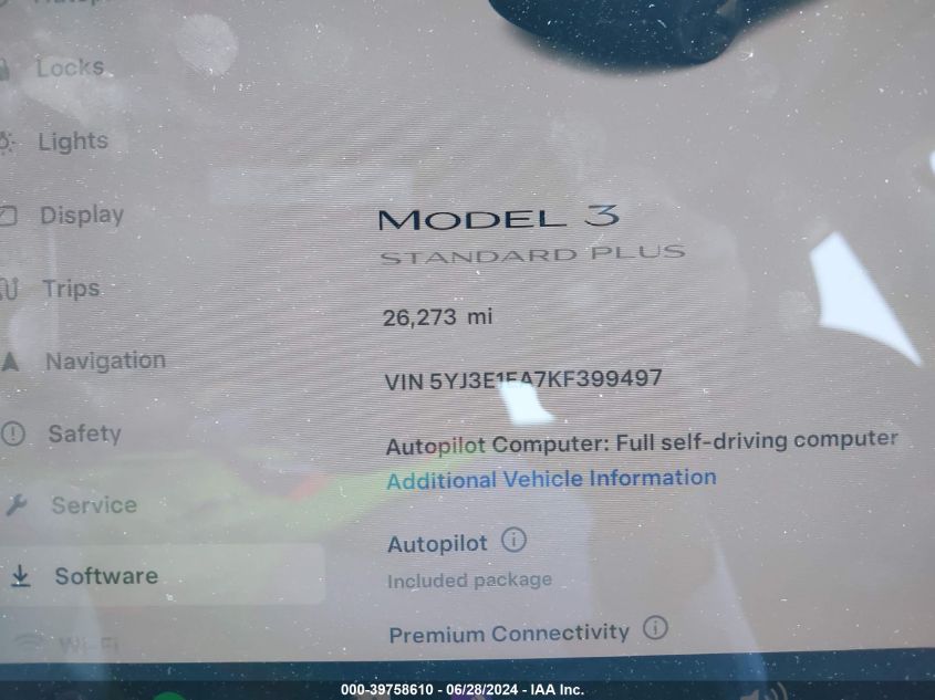 2019 Tesla Model 3 Long Range/Mid Range/Standard Range/Standard Range Plus VIN: 5YJ3E1EA7KF399497 Lot: 39758610