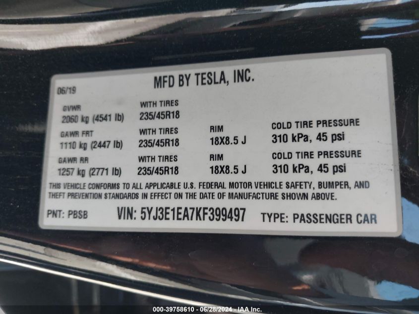 2019 Tesla Model 3 Long Range/Mid Range/Standard Range/Standard Range Plus VIN: 5YJ3E1EA7KF399497 Lot: 39758610