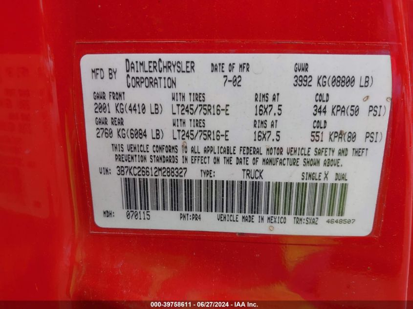 2002 Dodge Ram 2500 St VIN: 3B7KC26612M288327 Lot: 39758611