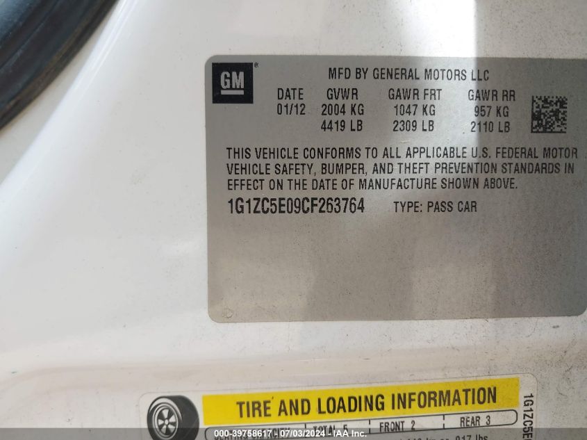 2012 Chevrolet Malibu 1Lt VIN: 1G1ZC5E09CF263764 Lot: 39758617