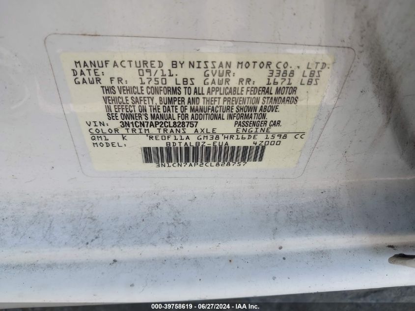 2012 Nissan Versa 1.6 Sv VIN: 3N1CN7AP2CL828757 Lot: 39758619