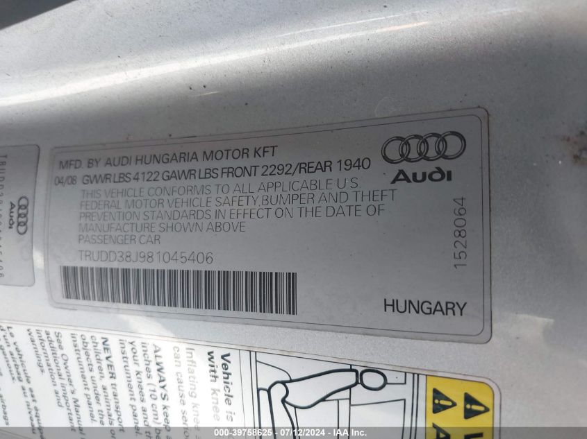 2008 Audi Tt 3.2 VIN: TRUDD38J981045406 Lot: 39758625