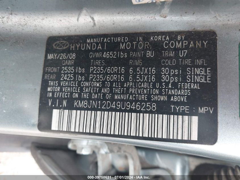 2009 Hyundai Tucson Se VIN: KM8JN12D49U946258 Lot: 43413625