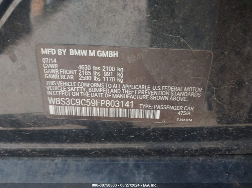 2015 BMW M3 VIN: WBS3C9C59FP803141 Lot: 39758633