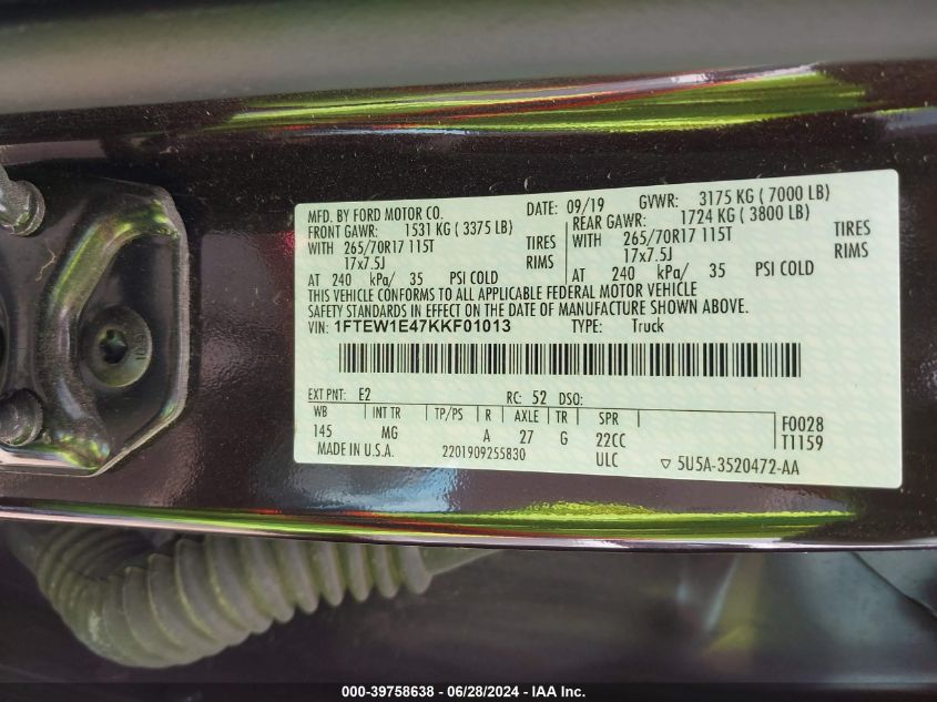 2019 Ford F-150 Xlt VIN: 1FTEW1E47KKF01013 Lot: 39758638