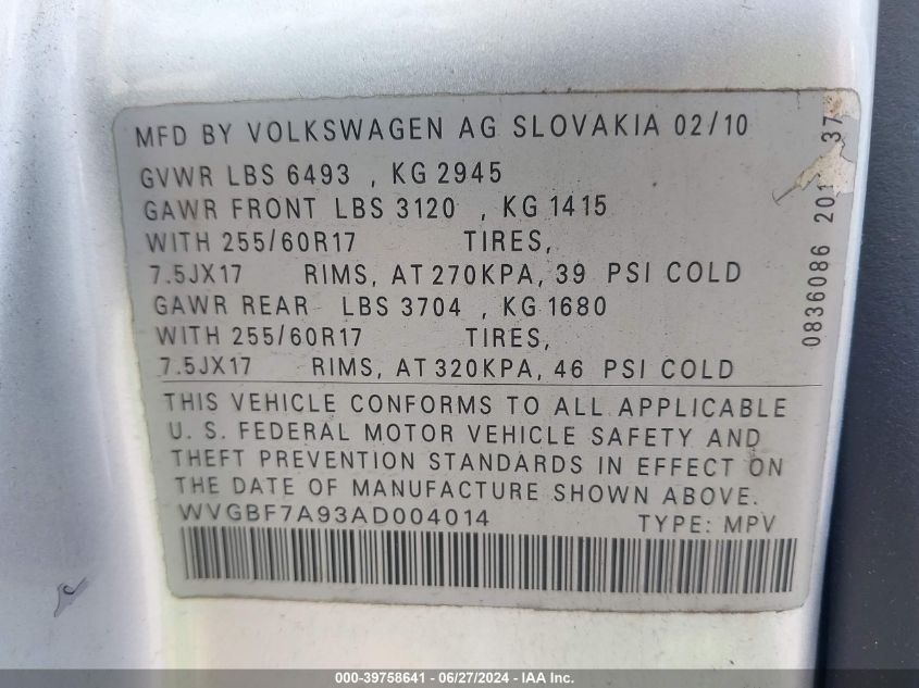 2010 Volkswagen Touareg Vr6 Fsi VIN: WVGBF7A93AD004014 Lot: 39758641