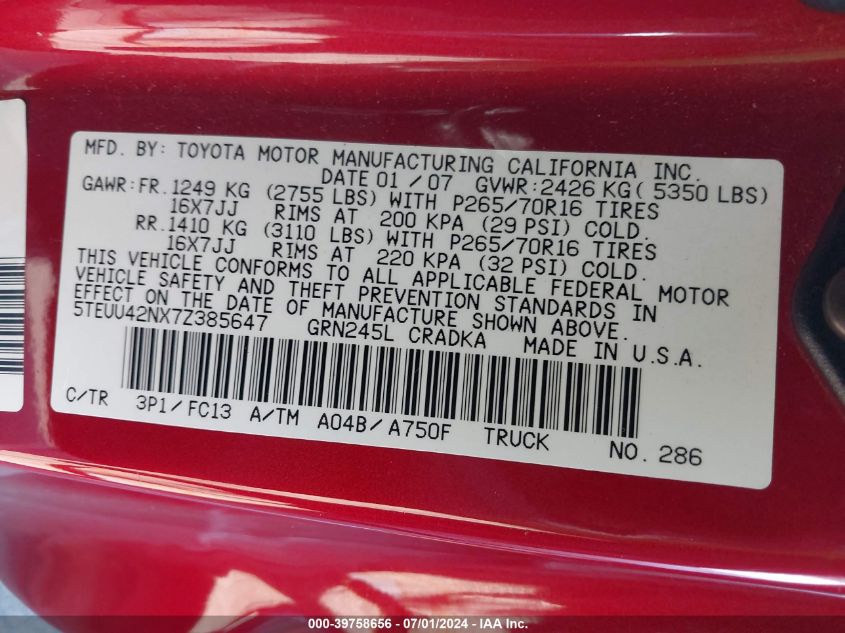 2007 Toyota Tacoma Base V6 VIN: 5TEUU42NX7Z385647 Lot: 39758656