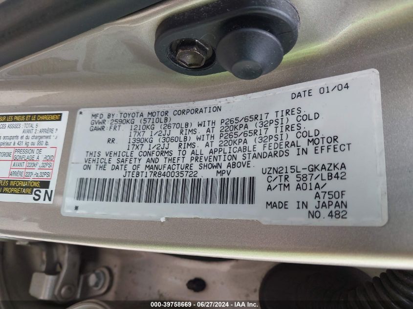 2004 Toyota 4Runner Limited V8 VIN: JTEBT17R840035722 Lot: 39758669
