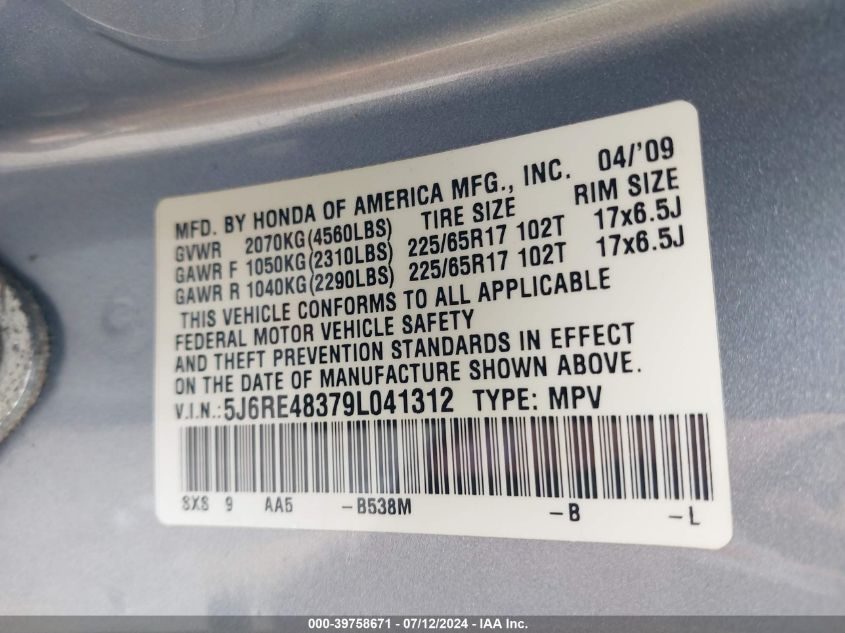 2009 Honda Cr-V Lx VIN: 5J6RE48379L041312 Lot: 39758671