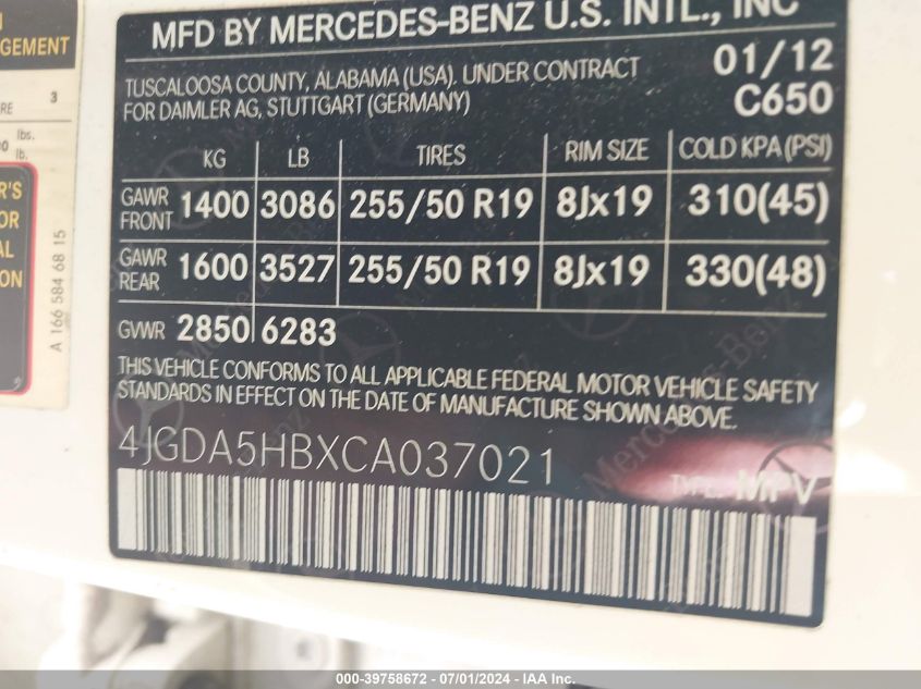 2012 Mercedes-Benz Ml 350 4Matic VIN: 4JGDA5HBXCA037021 Lot: 39758672