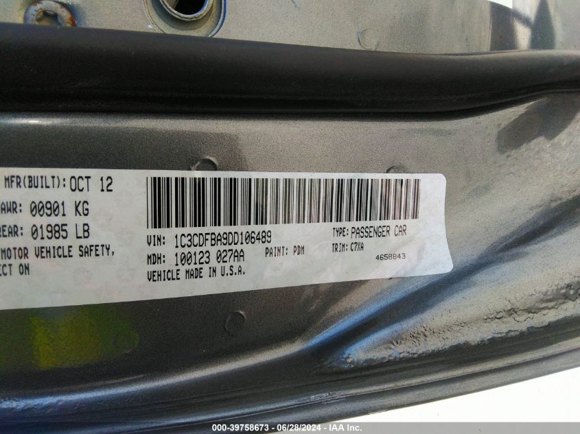 2013 Dodge Dart Rallye VIN: 1C3CDFBA9DD106489 Lot: 39758673