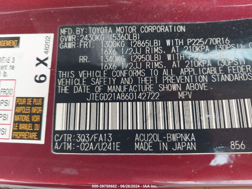 2006 Toyota Highlander VIN: JTEGD21A860142722 Lot: 39758682