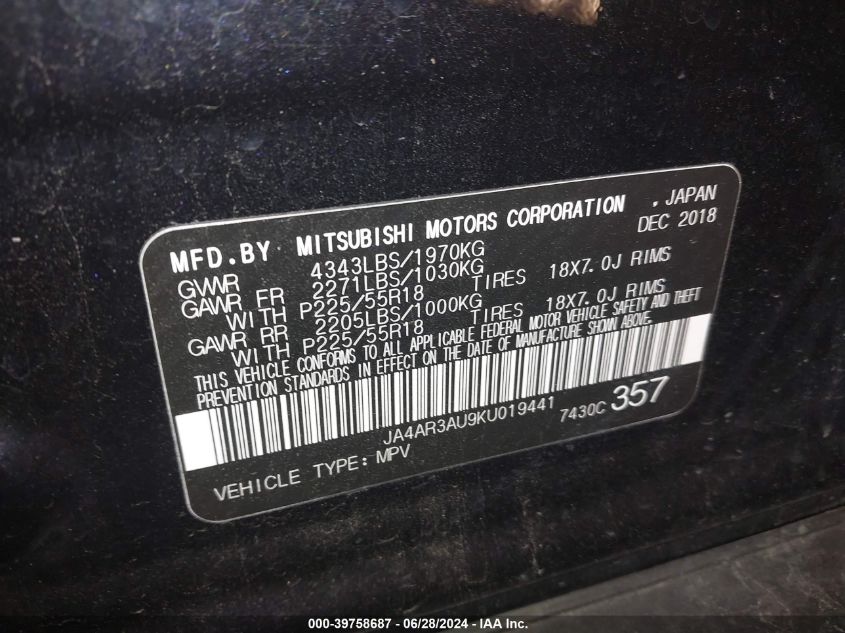2019 Mitsubishi Outlander Sport Es/Se/Le/Sp VIN: JA4AR3AU9KU019441 Lot: 39758687